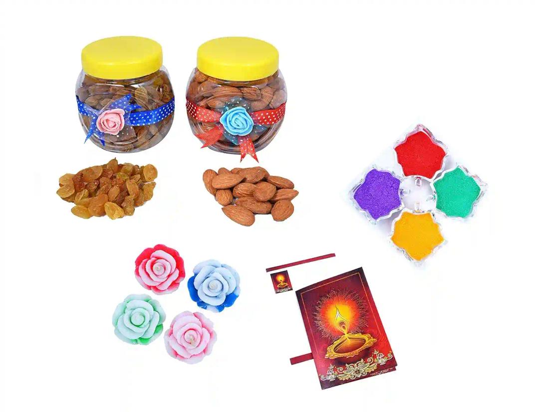 MANTOUSS Diwali Dry Fruit Decorated Jar-Almond and Raisin(100gms Each),200 GMS + 2 Floating Diya, Diwali Greeting Card and Rangoli Colours