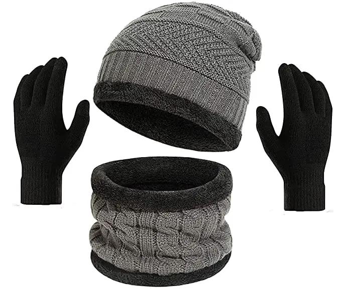 YOUTH ROBE - Premium Brand Knitted Winter Cap & Neck Scarf with fleece,Unisex Beanie Cap with Neck Warmer,Thermal Cap, Fluffy Woolen Cap Set Of cap and gloves (Grey)