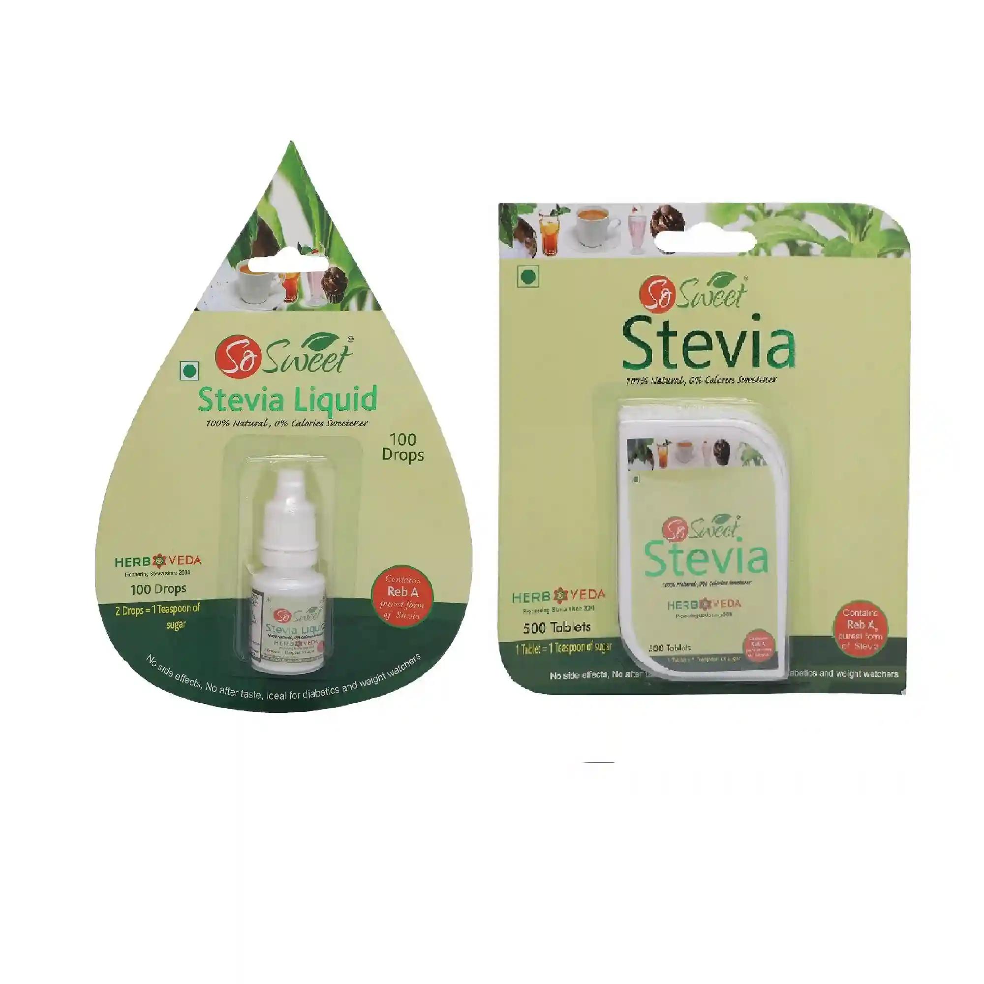 So Sweet Stevia Tablets Sugar Free 500 & Stevia Liquid 100 Drops Natural Zero Calorie Sweetener