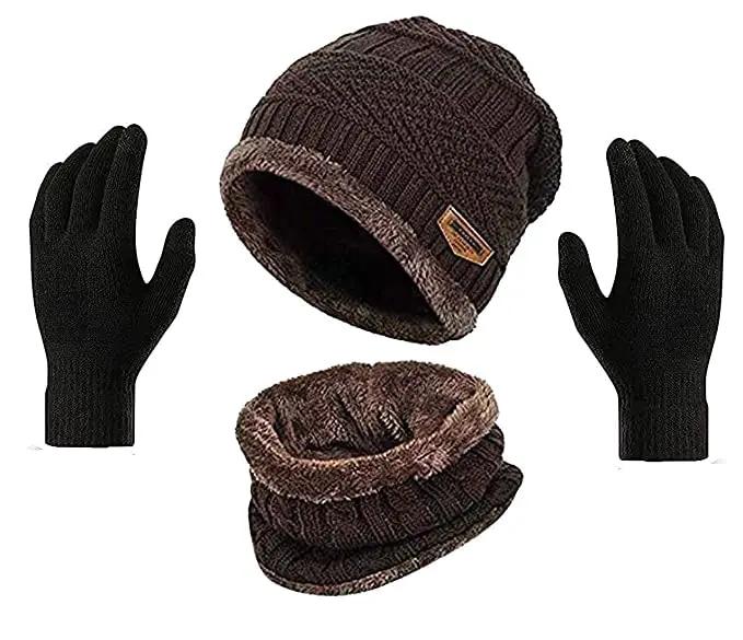 YOUTH ROBE - Premium Brand Knitted Winter Cap & Neck Scarf with fleece,Unisex Beanie Cap with Neck Warmer, Thermal Cap, Fluffy Woolen Cap (set of gloves and cap) Brown