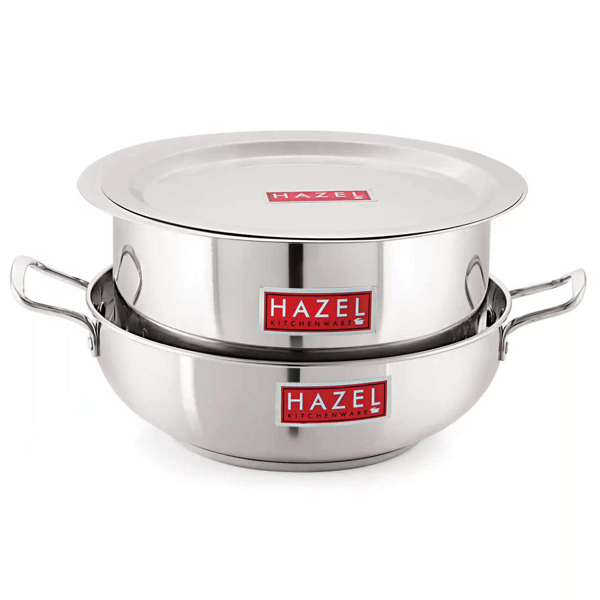 HAZEL Induction Base Cookware Set | Stainless Steel Induction Bottom Cookware Bartan Combo for Cooking (Kadhai, Tope, 2 Steel Lid Cover) 4 Pieces, Silver