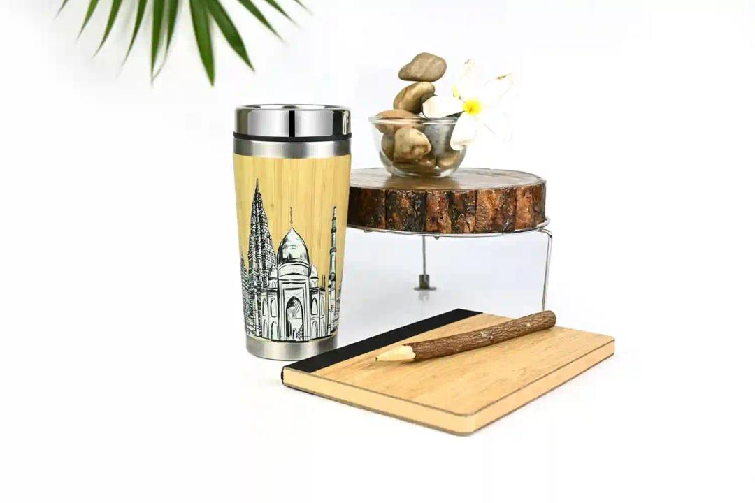 CORNER ART STORE Bamboo Stainless Steel Tumbler with Lid and Without Handle I Bamboo Stainless Steel I Artisanal Craftsmanship | Sustainably Designed with Hot & Cold Insulation | Leak and Sweat Proof I Equipped for Effortless Use | Ideal for Home, Office, Gym, Travel, Professionals and Gifting |450 ML | Enchanted Monumental Mementos Collection | Eco-Friendly