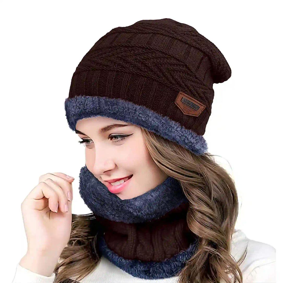 YOUTH ROBE - Premium Brand Knitted Winter Cap & Neck Scarf with fleece,Unisex Beanie Cap with Neck Warmer, Thermal Cap, Fluffy Woolen Cap (set of gloves and cap) Brown