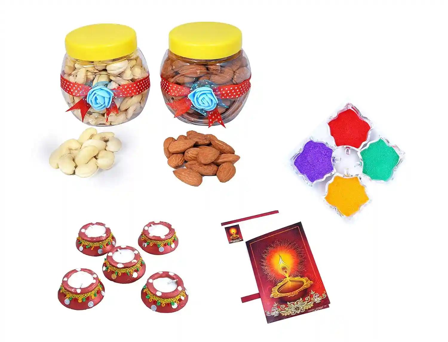 MANTOUSS Diwali Dry Fruit Decorated Jar-Almond and Cashew(100gms Each),200 GMS + 2 Matki Wax Filled Diya, Diwali Greeting Card and Rangoli Colours