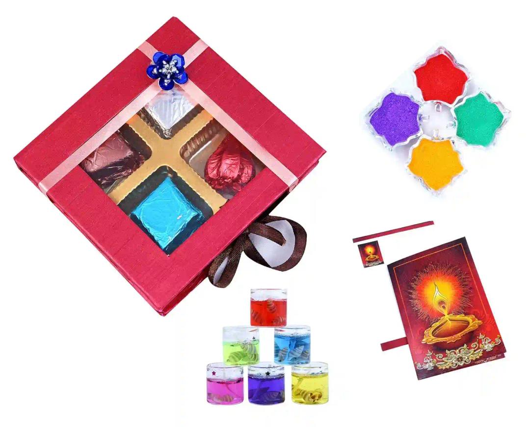 Mantouss Shubh Deepawali Chocolate Hamper + 2 Gel Filled Glass Candle, Diwali Greeting Card and Rangoli Colours