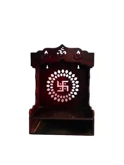 Rave Creations Decorative Wooden Mandir with Carved Swastika Symbol with a Storage Space at The Bottom