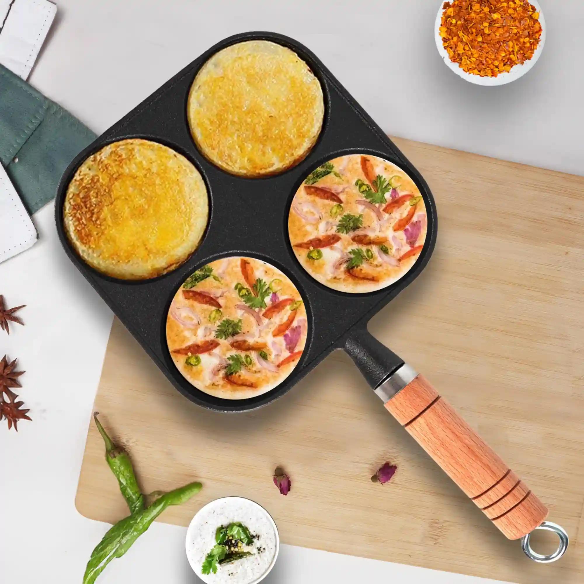 SOLARA Crownstone Premium Pre-Seasoned Cast Iron Uttapam Pan, 4 Pit, Pancake Pan,Induction Friendly, Naturally Nonstick, 100% Pure & Toxin-Free Uttappam Tawa with Wooden Handle