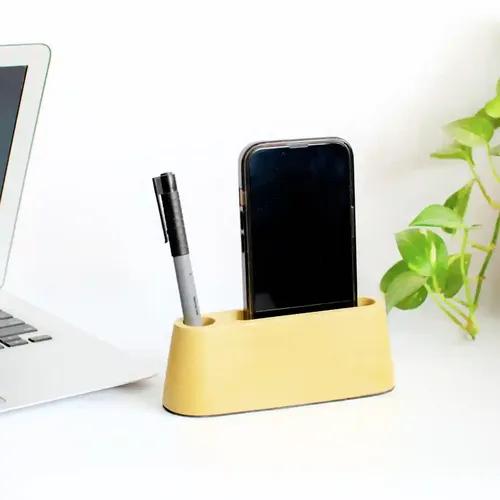 Multi Purpose Mobile Stand, Notepad Or Visiting Card Holder With Pen Stand - Yellow