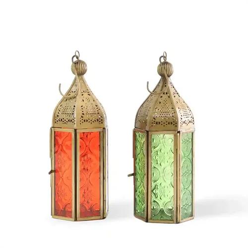 Behoma Moroccan Lanterns for Home Decoration Orange and Green Textured Glass | Metal Showpiece for Home Decor Living Room Study Room Table Hanging Lantern Lamp | Set of 2 Antique Gold Brass Small