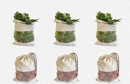 Fab Ellite Cotton Vegetable Bags Fridge Storage Bag Sabji Fruits Pouch Refrigerator Produce bags Clothe Muslin Reusable Washable with Drawstrings