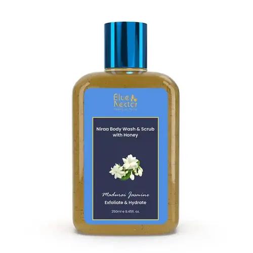 BLUE NECTAR Exfoliating Body Wash & Scrub for Rough & Bumpy Skin | Madurai Jasmine Tan Removal Body Scrub for Women & Men (10 herbs, 250ml)