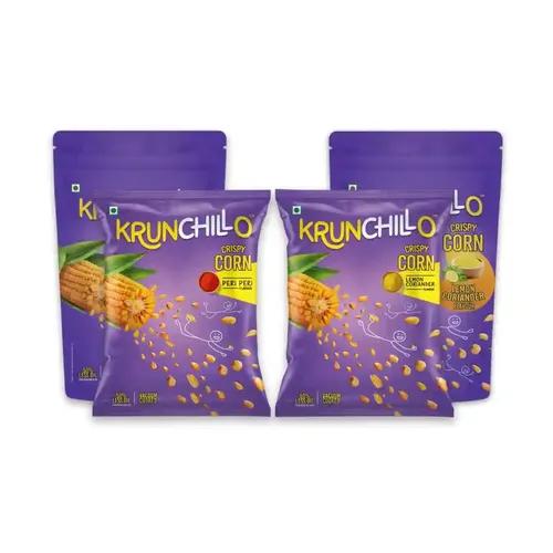 Krunchillo Crispy Corn - Lemon Coriander + PeriPeri Flavour (pack of 4-2 small and 2 big) | Vacuum Fried | Healthy | No fat | No Preservative – 180 gms