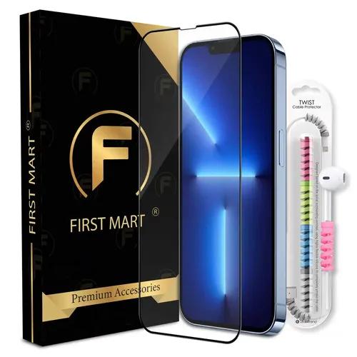 FIRST MART Premium Tempered Glass for iPhone 13 Pro Max / 14 Plus with Edge to Edge Coverage and Cable Protector and Easy Installation Kit, Pack of 1