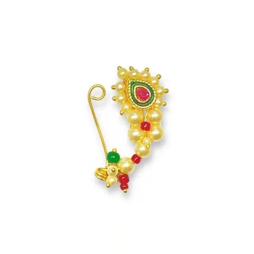 JEWELOPIA Maharashtrian Nath Clip-On Gold with ruby diamond Nathiya without piercing Nose Ring For Women and girls (Combo)