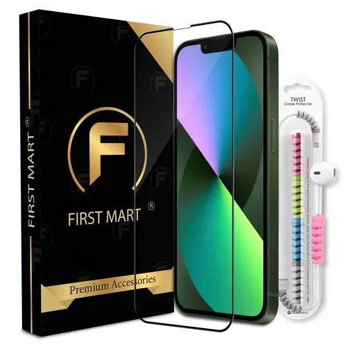 FIRST MART Premium Tempered Glass for iPhone 13 / iPhone 14/13 Pro with Edge to Edge Coverage and Cable Protector and Easy Installation Kit, Pack of 1