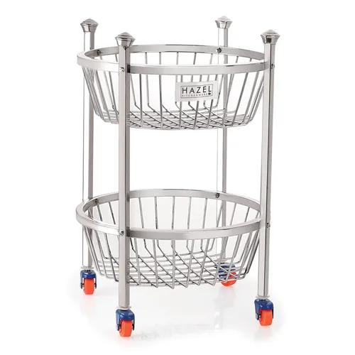 HAZEL Stainless Steel Fruit Vegetable Basket Kitchen Storage Trolley Rack Round Stand with Wheel, 2 Layer, 14.2 x 17.6 Inches