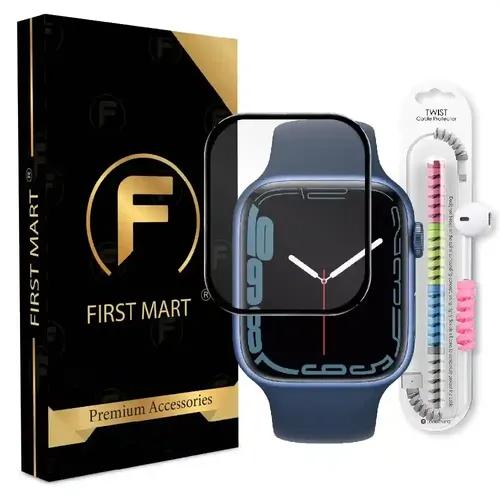 FIRST MART Premium Tempered Glass for Apple Watch Series 9 / Series 8 / Series 7, 45 mm with Edge to Edge Coverage and Cable Protector and Easy Installation Kit, Pack of 1