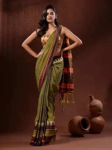 Jacquard Cotton Temple Check Border Handloom Saree - Sap Green