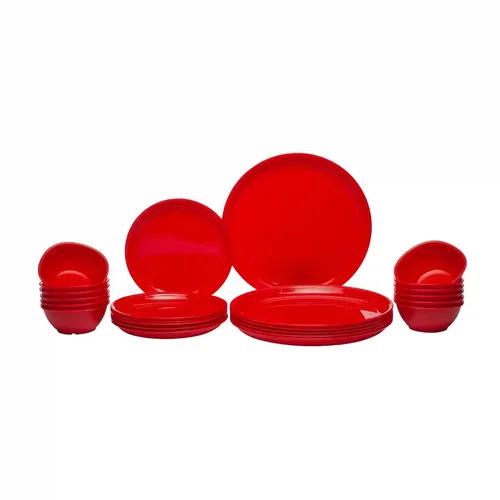 Gluman Round Plastic Dinner Set | Plastic Unbreakable Dinner Set | Big Plates Set of 6, Quarter Plates Set of 6 & 12 Pieces Katori | 100% Food Grade | Microwave, Dishwasher & Freezer Safe (Red)