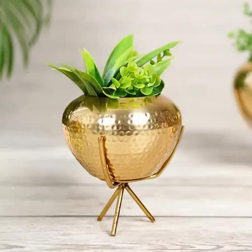 Behoma Metal Hammered Indoor Planter for Table Top and Floor | Living Room Balcony Planters | Office Desk Decoration Ideas for Small Plants Golden Colour Small (Plant NOT Included)