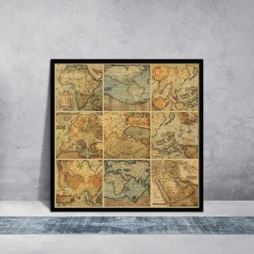 ArtzFolio Antique Maps | Premium Canvas Painting for Bedroom & Living Room | Black Wood Frame | 24 x 24 inch (61 x 61 cms)