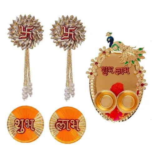 WEBELKART Premium Combo of Designer Shubh Labh Wall Hanging, Swastika and Meenakari Peacock Pooja thali for Wall, Door, Diwali Decor