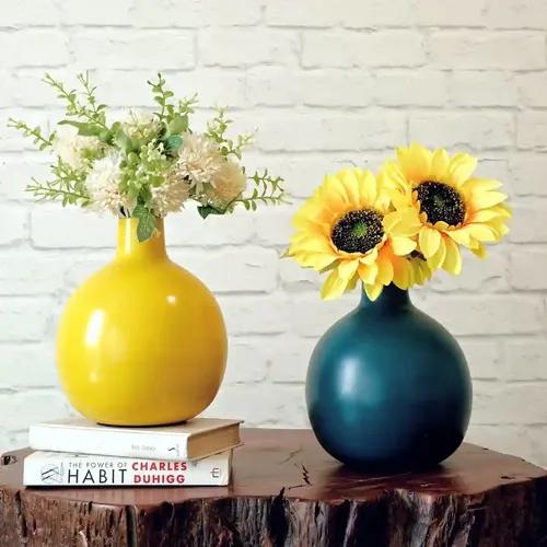 Behoma Metal Flower Vase for Home Decor| Decoration Item for Living Room Office| Table Decorative Flower Pot for Gifting Set of 2 (1Pcs Opal Blue,1Pcs Yellow) (Flower not Included)