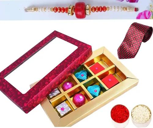 Mantouss Rakhi For Brother With Gift/Rakhi For Brother With Chocolate-Pink Decorated Chocolate Box For Bhai+Rakhi+Men'S Neck Tie+Roli, Chawal