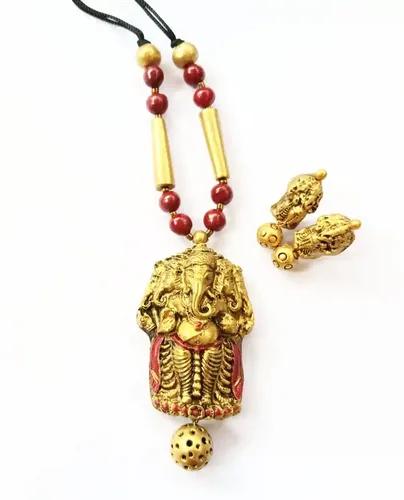 Ganesh Design Terracotta Necklace with Matching Earring - Maroon