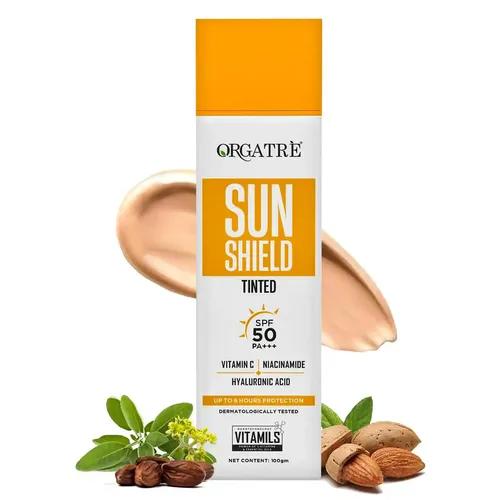 Orgatre Sunscreen SPF 50 PA+++ Tinted | Sun Shield | Lightweight, No White Cast | Vitamin C, Niacinamide & Hyaluronic Acid | Broad Spectrum UVA/UVB Protection | Non-Greasy, Water Resistant, Up to 8 Hours Protection | Dermatologically Tested | Suitable for All Skin Types | 100g