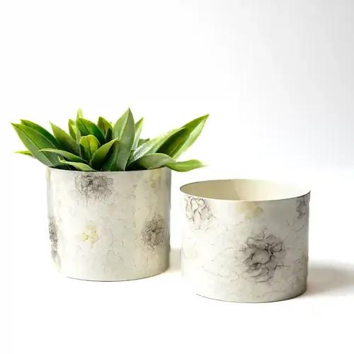 Behoma Modern Metal Cylinder Planter, Off White, Table Top Planter for Home Decoration | Plant Pots for Home Living Room Bedroom Office Decor | Set of 2 (Plants not Included)