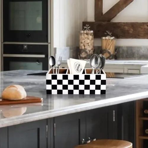 CASA DECOR Wooden Black & white Checkered Caddy Spoon Stand for Dining Table, Cutlery Stand- Cutlery Holder for Kitchen- Spoon Holder for Kitchen-Spoon Stand for Kitchen