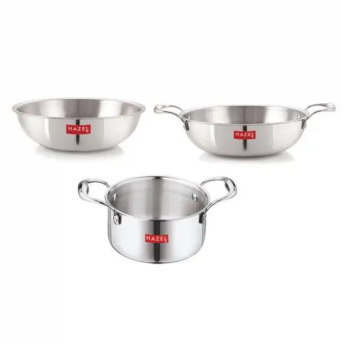 HAZEL Triply Stainless Steel Induction Bottom Kadhai and Tasra 1.2 Litre, Tope with Handle 2.3 Litre