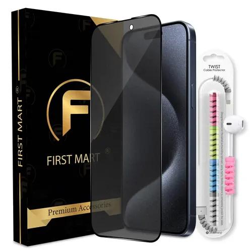 FIRST MART Matte Privacy Tempered Glass for iPhone 15 Pro Max Edge to Edge Full Screen Coverage with Cable Protector & Easy Installation Kit | Matte Finish