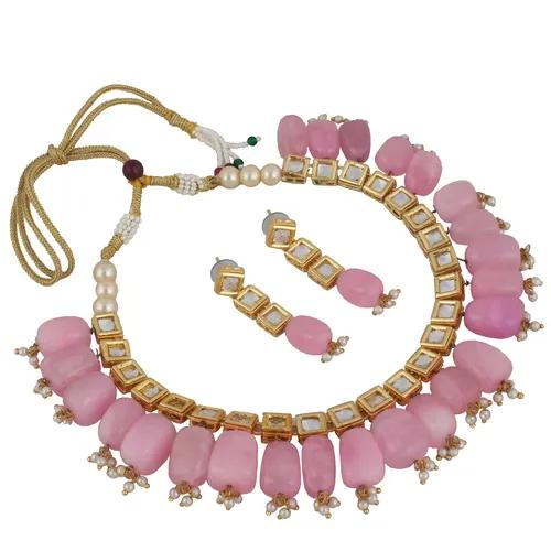 Gold Plated(18k) Square Design Kundan Choker Necklace & Earrings - Pink