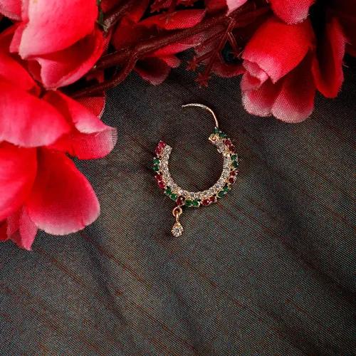 CZ Studded Leaf Nose Pin Red-Green-White