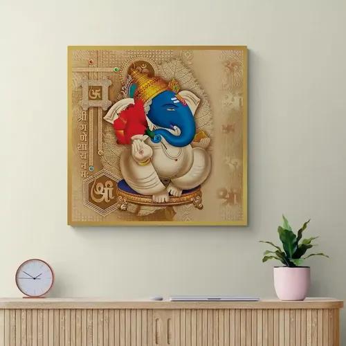 Bittybopp Religious Shree Ganesha Canvas Print |Golden Frame|Canvas wall painting|Wall Decor|Home Decor (20x20 Inch)