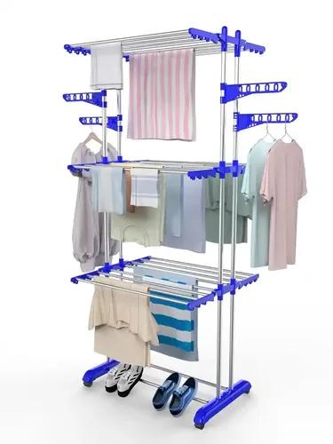 H Houseware 3 Layer Heavy Duty Stainless Steel Foldable Cloth Drying Stand/Clothes Stand for Drying/Cloth Stand/Clothes Dryer/Laundry Racks with Wheels