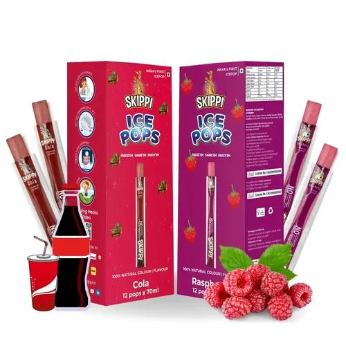 SKIPPI ICE POPS 100% Natural Freezer Pops, Juice Bars, Ice Pops - Cola & Raspberry Flavors (12+12 Pops Boxes) - 12 Gm