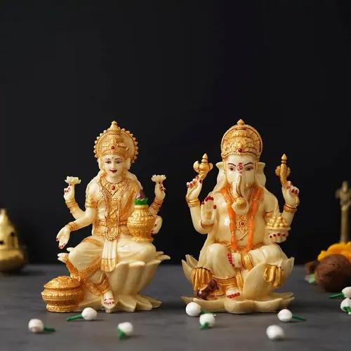 WEBELKART Premium Pair of Laxmi Ganesha Idol Statue Idol for Car Dashboard, Home Decor, Office Décor, Gifting Decorative Showpiece, Temple Gift Diwali Decor ColdCastResin (7 X 4.5 Bronze Finish)