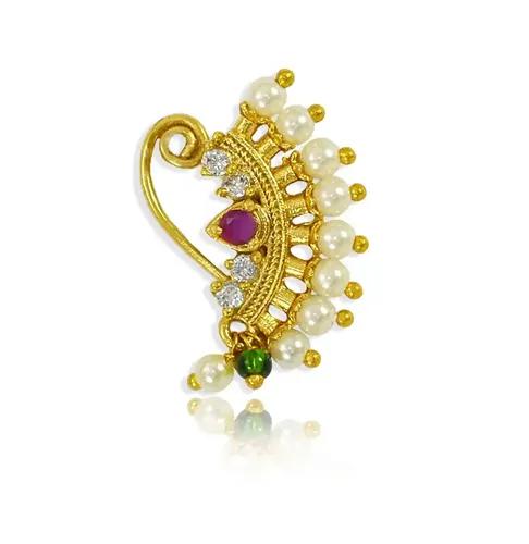 Maharashtrian Nath CZ Nose Ring Without Piercing Pearl Gold Plated Nath Clip On Nose Ring For Women (CZ NATH 6)