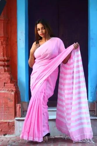 Pure Cotton Pallu Stripes Saree - Pink