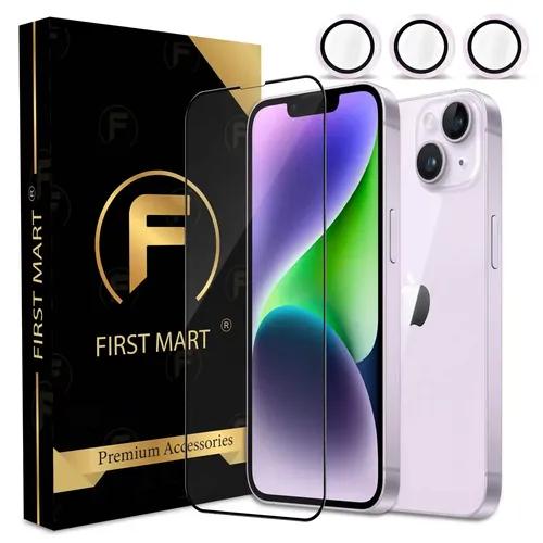 FIRST MART for iPhone 14 Tempered Glass and 1 Set of Individual Deep Purple Camera Rings Protectors, 2.5D Curved Edges, Full-Coverage Military-Grade Protection, Scratch Resistant | Purple Rings