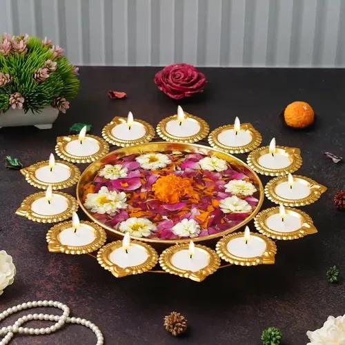 WEBELKART Premium Diya Shape Gold Plated Decorative Urli Bowl with Wax Candle for Home Decor Handcrafted Bowl Diwali Decor Item (14.17 Inches)