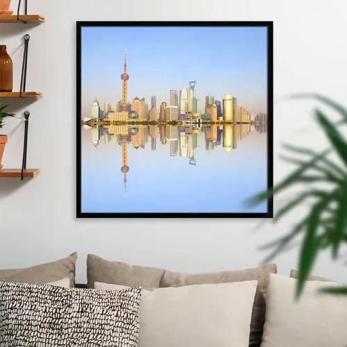 ArtzFolio 2012 Shanghai City Skyline At Dusk | Premium Canvas Painting for Bedroom & Living Room | Black Wood Frame | 24 x 24 inch (61 x 61 cms)