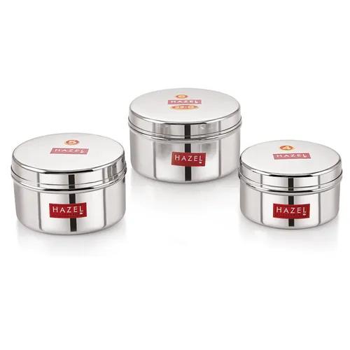 HAZEL Stainless Steel Mini Containers Heavy Gauge Premium Airtight Dabbi Dabba Set of 3, Silver