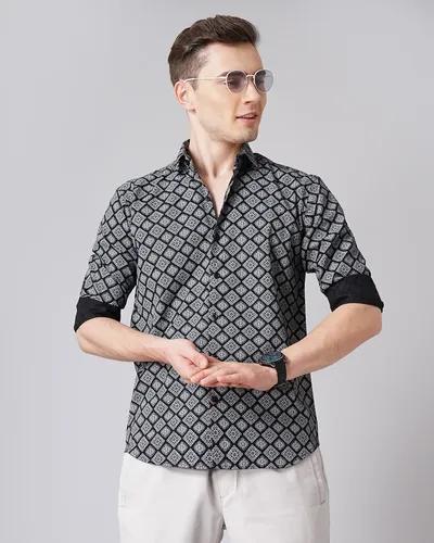 Black Floral Motif Print Shirt