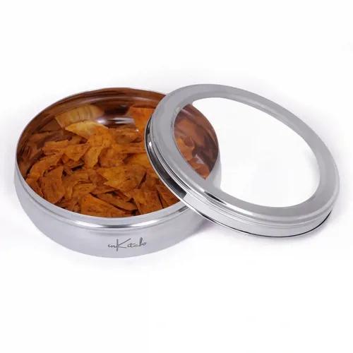 InKitch Stainless Steel Belly Shape Flat Canisters | Puri Dabba | Storage Containers | Multipurpose Container/Organizer with See Through Lid/ 16cm Dia 1.1 Ltr